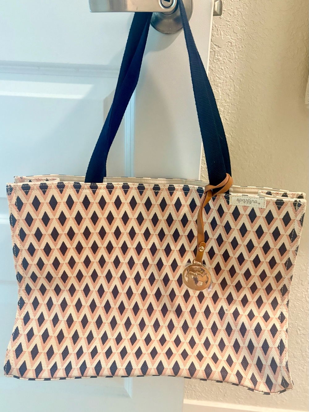 Spartina 449 Pink and Navy Diamond Canvas Tote.
